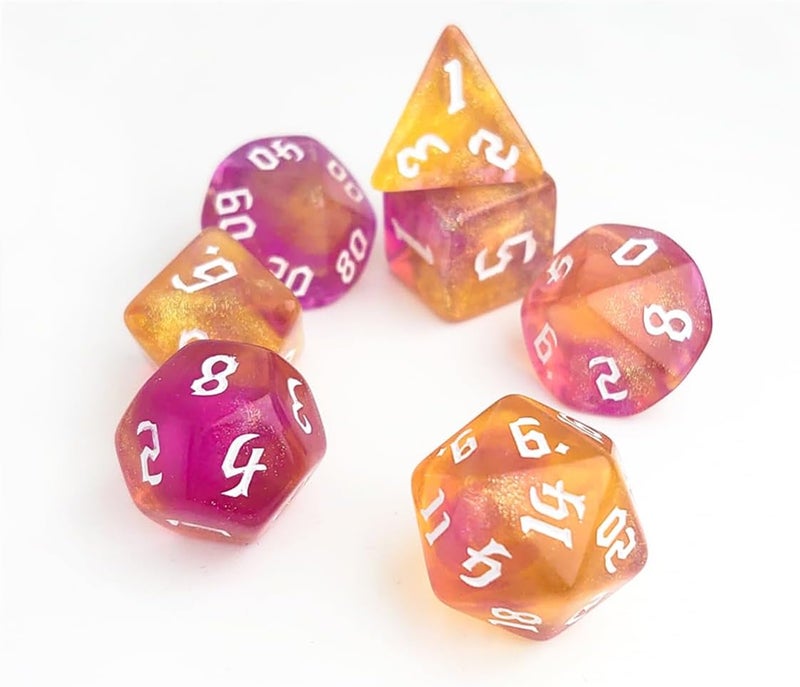 vvpesca Orange Glitter DND Dice Set of 7 – Polyhedral Dice Set for D&D, Dungeons and Dragons, Role Playing Games, MTG, COC, RPGs Accessories – D20 System Games Purple Gold Glitter Dice (Orange Jelly) - Image 3
